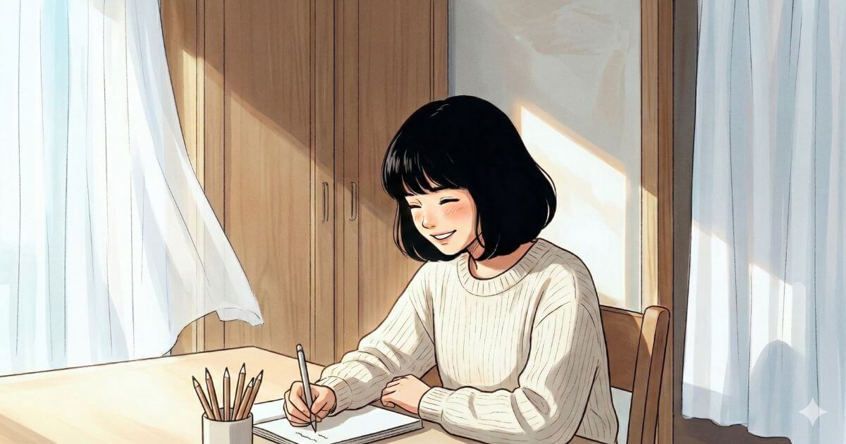 美しい姿勢、字を書く練習を楽しんでいる女性のイラスト