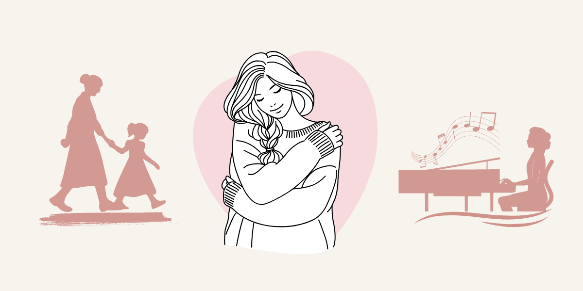 女性が両肩を抱きしめてリラックス。おばあちゃんのおもかげや、ピアノの演奏を聴くようなイメージで。