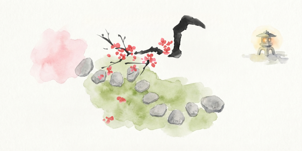 日本庭園の飛び石。梅の木が垂れ下がっている風景。