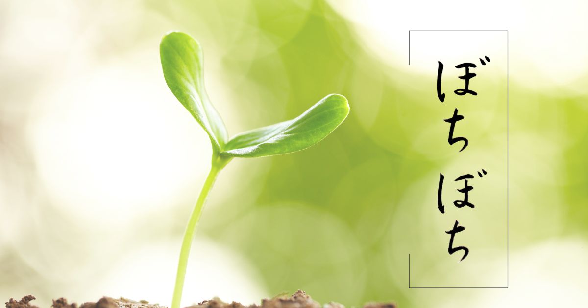 筆文字「ぼちぼち」。双葉が開いたばかりみずみずしい小さな芽のアップ。