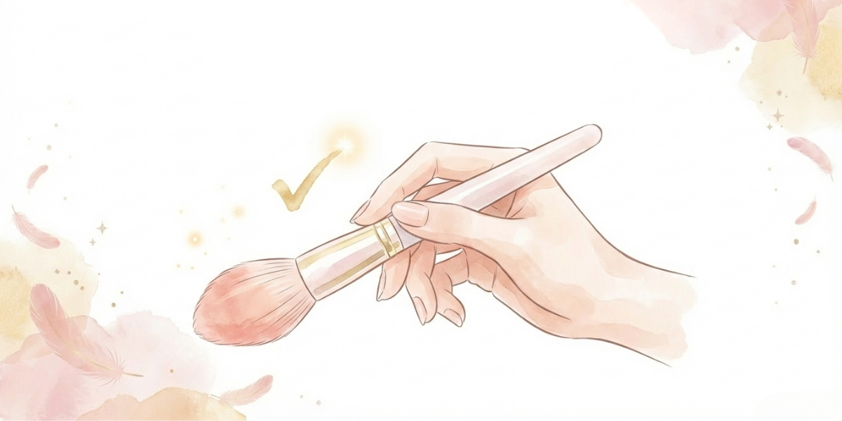 メイクブラシを持った手のアップ。