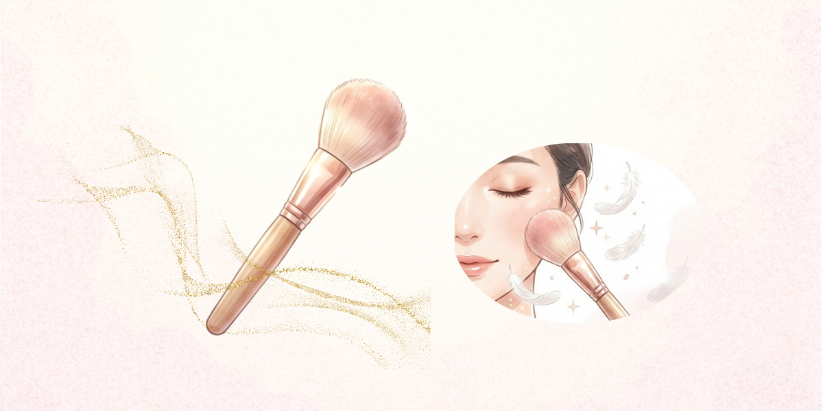 メイクブラシとブラシを使用する女性の顔のアップ