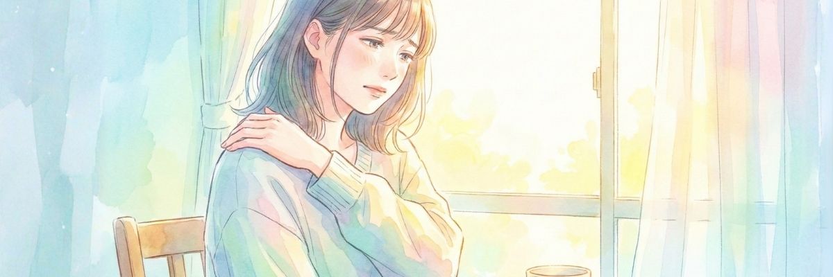 右肩を押さえて、痛みで困った表情をしている日本人女性