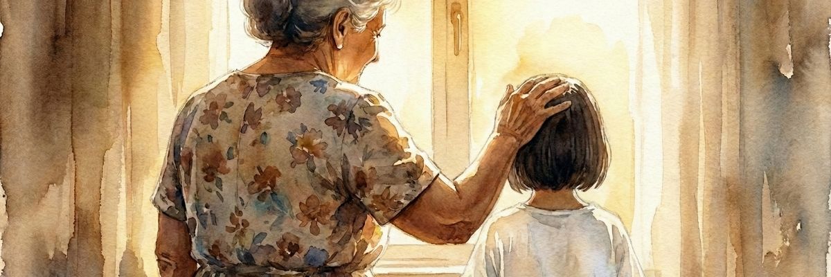 幼い孫(女の子)の頭に優しく手を当てるおばあちゃんのイラスト