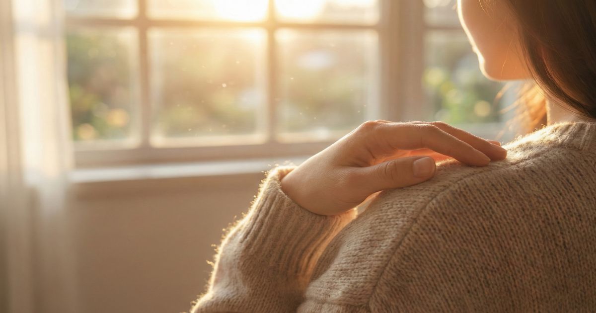 家の中で穏やかな日差しを浴び、リラックスしている女性。左肩に手を当てている様子。