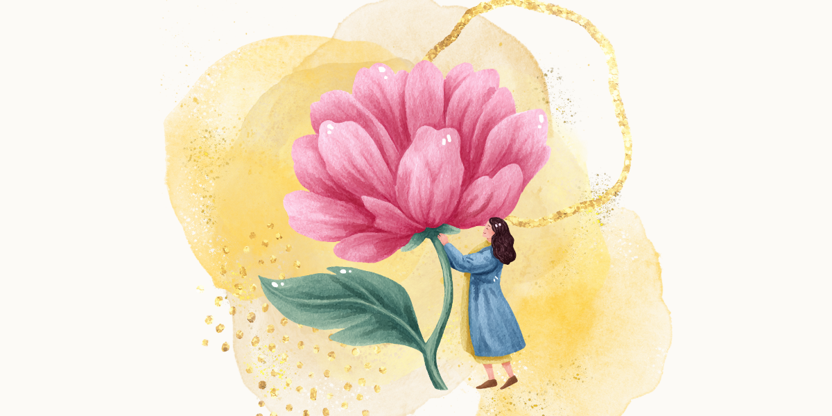 大きくて赤いお花に寄り添う女性