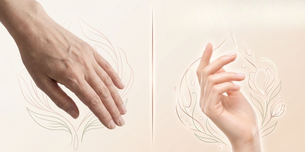 しわしわになった手とみずみずしい手の比較。