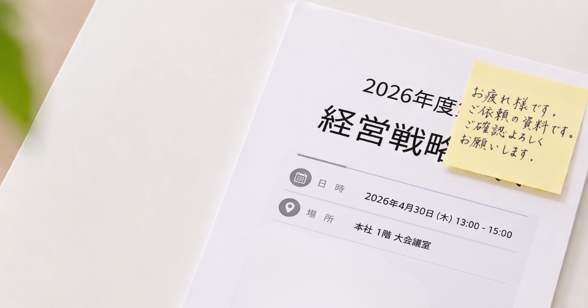 経営戦略の資料の上に、『お疲れさまです。ご依頼の資料です。ご確認よろしくお願いします。』と手書きされた付箋が貼られている。