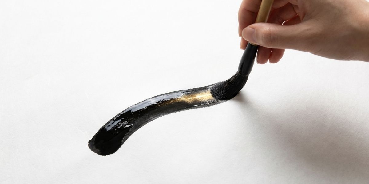 筆で、白い紙に文字を書きだした様子。