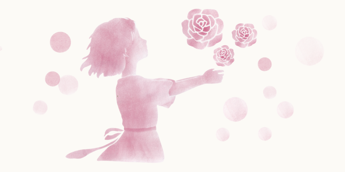 少女が手を伸ばしている。薔薇の花を気持ちに例えて手渡している瞬間。