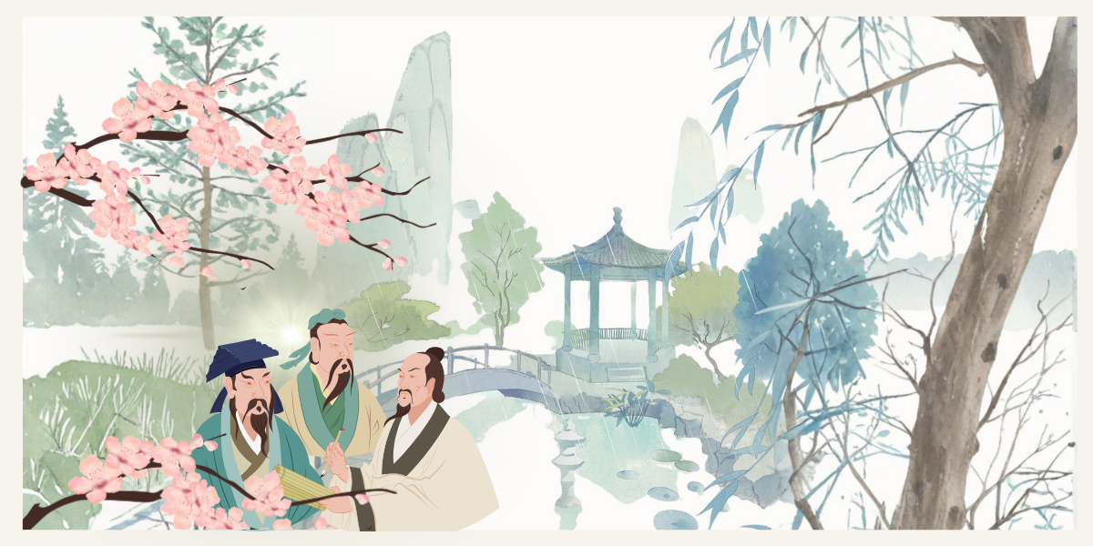 中国の昔の風景。墨絵風の背景に、三人の男性が詩を詠んでいる様子。