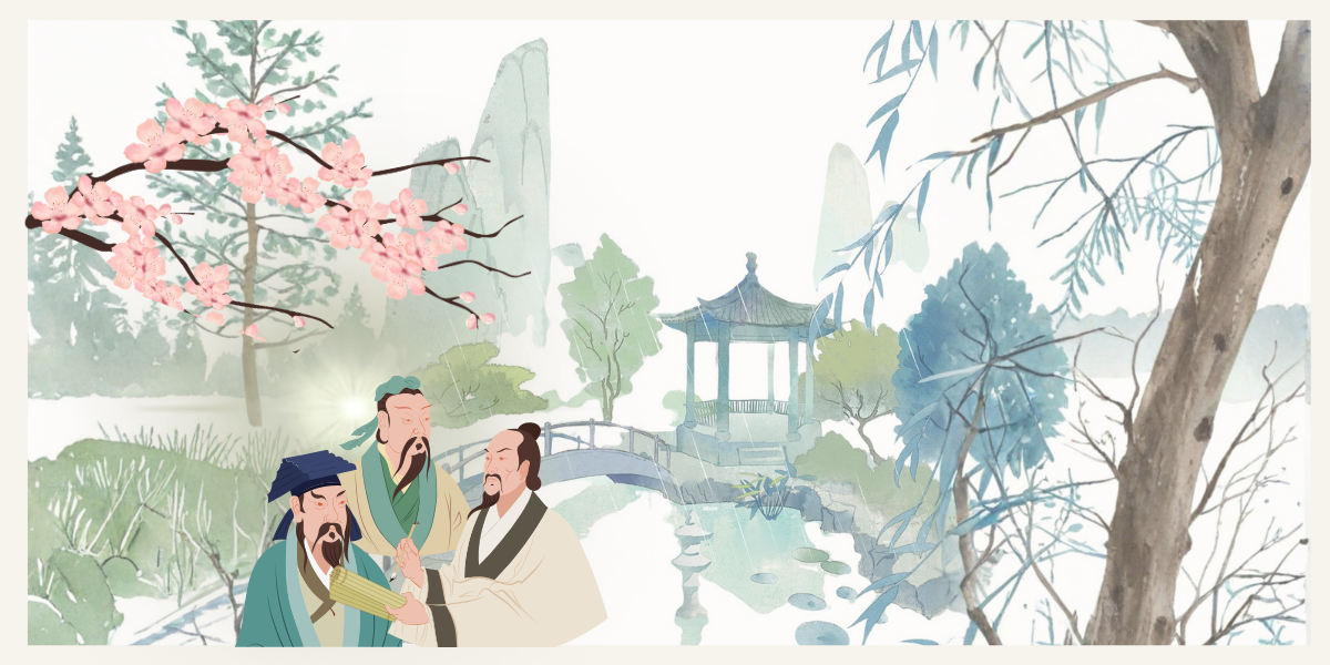 中国の昔の風景。墨絵風の背景に、三人の男性が詩を詠んでいる様子。