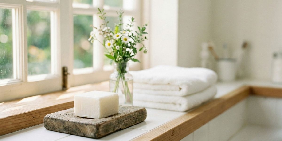 整理されて清潔な浴室。白いタオルと白いせっけん。傍らには花瓶に生けられたかわいい野花。