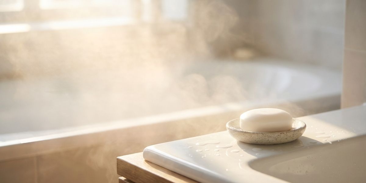 浴槽内で、白いせっけんのアップ。お風呂から湯気がたっている。