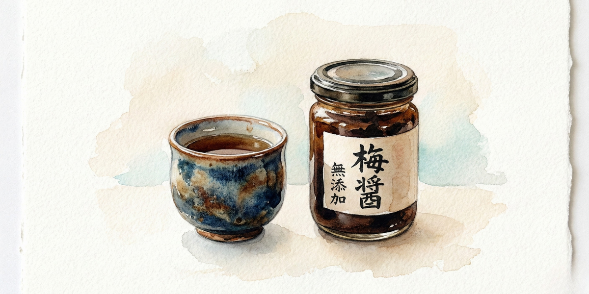 梅醬と書かれた小瓶と湯呑。