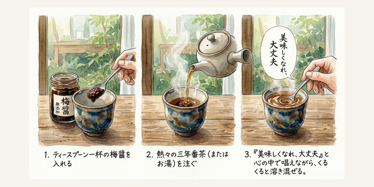 梅醬の小瓶からスプーンでひとすくいし、湯呑に入れて、お茶をそそぎ、美味しくなれと言葉をかけながらくるくる溶き混ぜる様子。