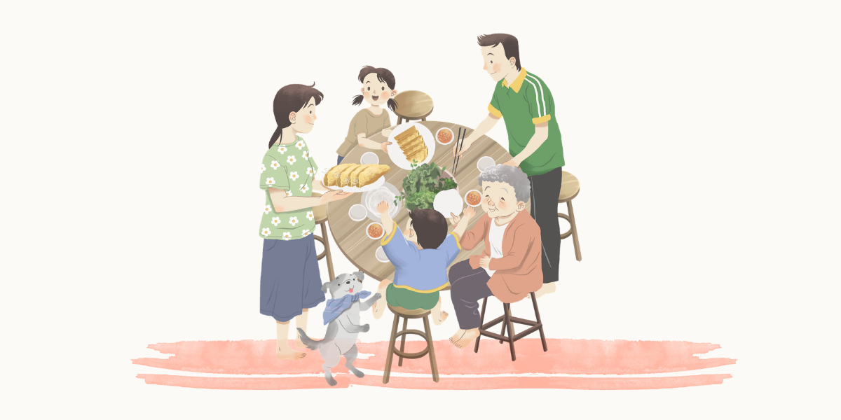 大勢でわいわい食事の様子。