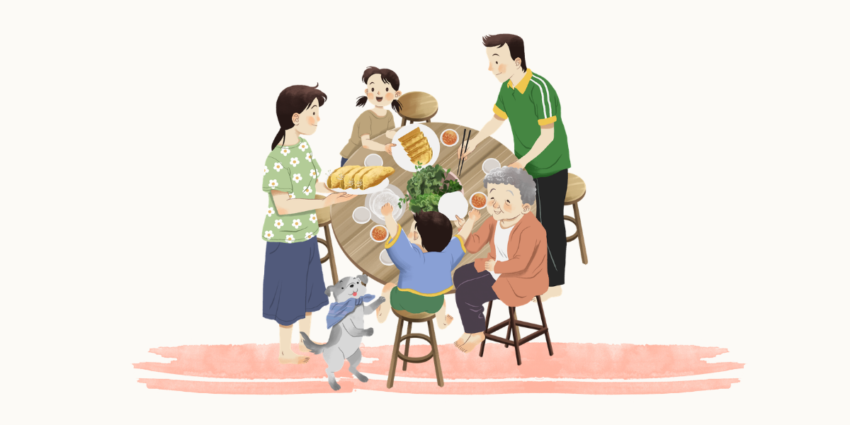 大勢でわいわい食事の様子。