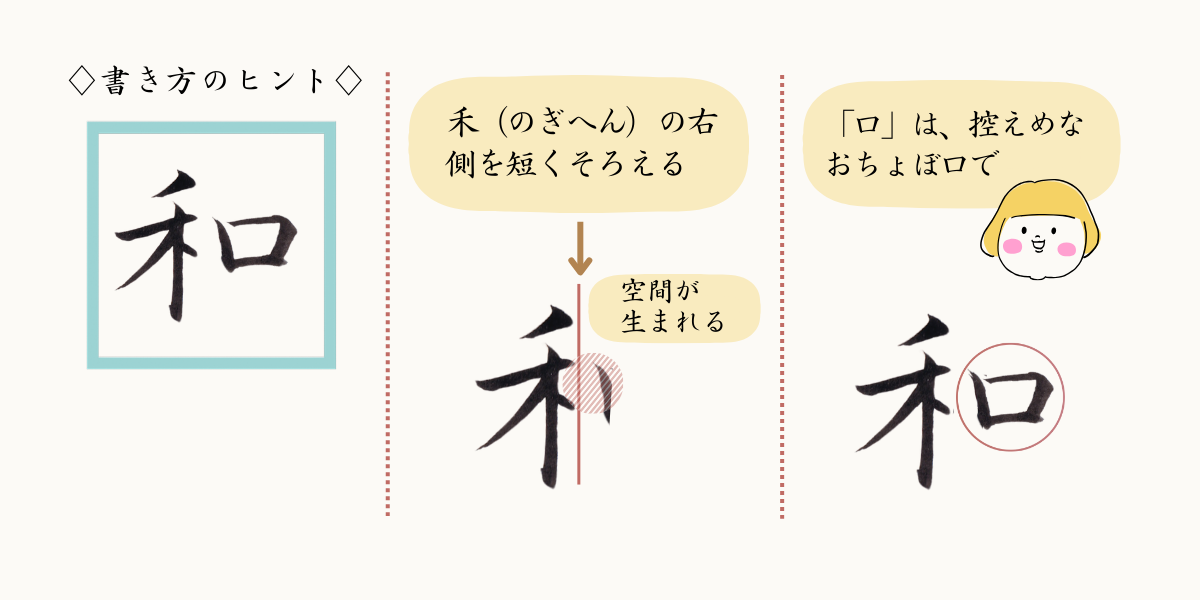 「和」の書き方のコツを紹介。のぎへんの右側を短く、口は小さく。