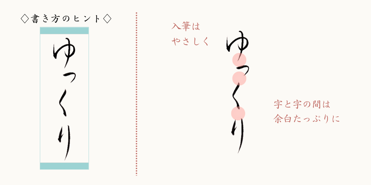 筆文字「ゆっくり」の書き方のヒント。余白を意識す。優しく入筆する。
