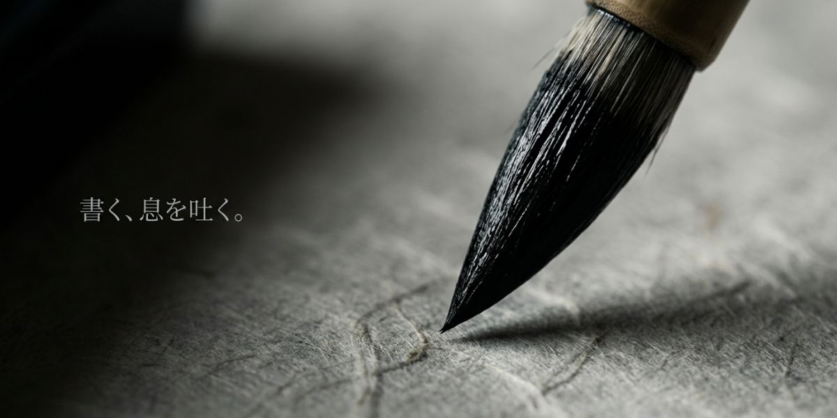 和紙と墨をたっぷり含ませた筆のアップ。