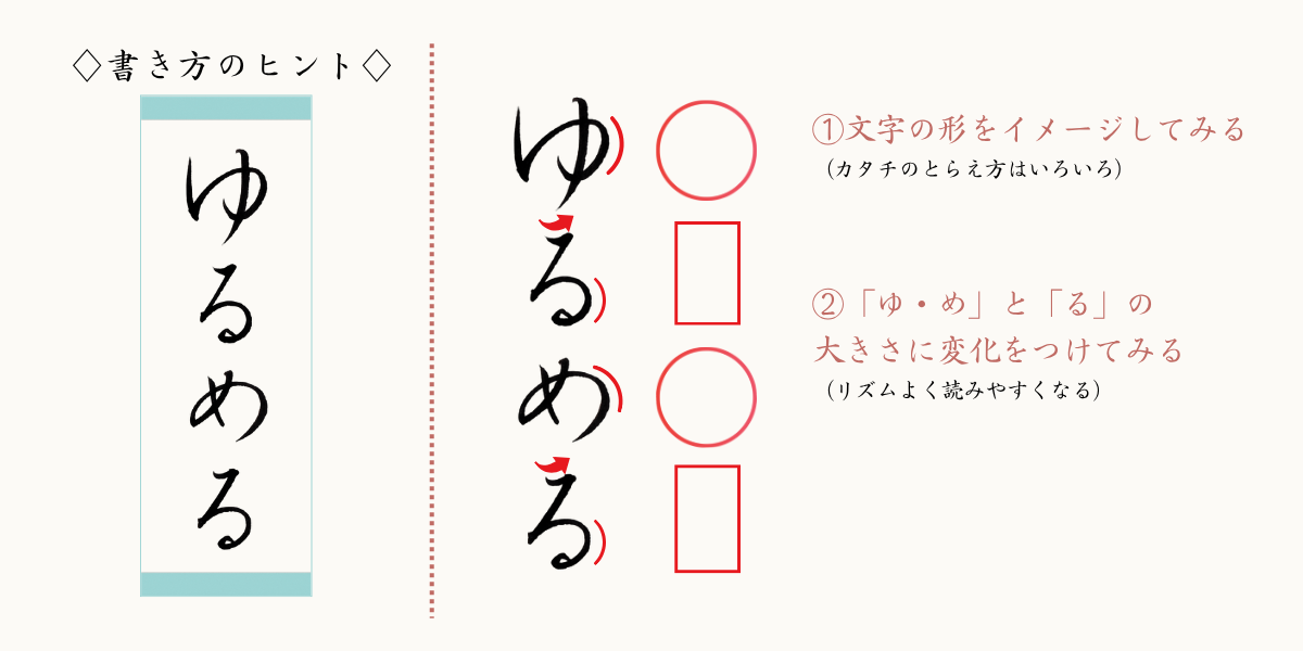 筆文字「ゆるめる」の書き方のヒント。概形をイメージして、４文字並んだ時の、字の大きさを変えてみること。